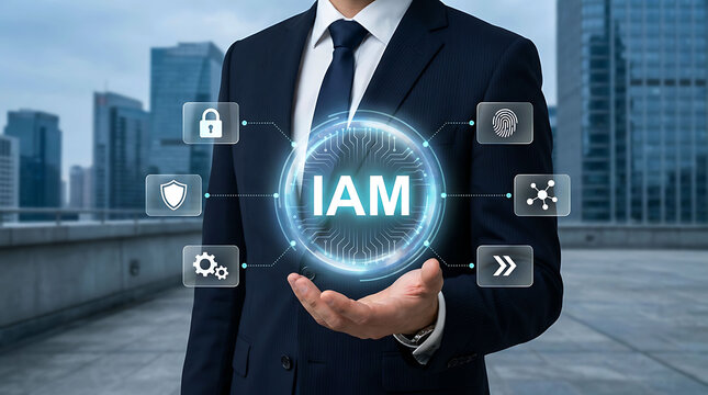 Businessman holding identity and access management IAM icon in city