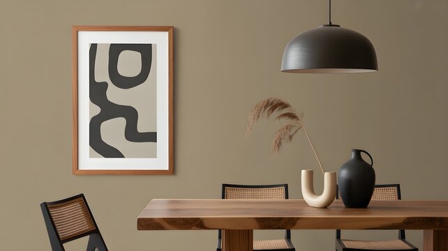 Modern dining room interior with wooden table, cane chairs, abstract wall art, and minimalist decor in a warm beige color palette