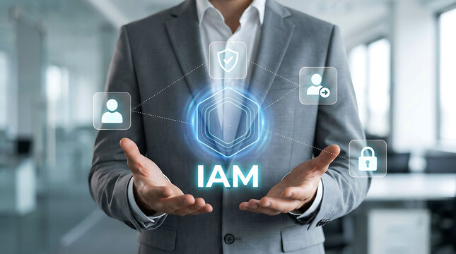 Businessman holding identity access management IAM virtual interface icons