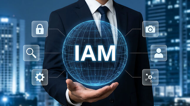 Businessman holding digital identity and access management IAM icon globe