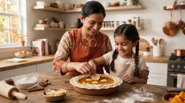 Mother and daughter happily decorating a pumpkin pie together in a cozy kitchen setting