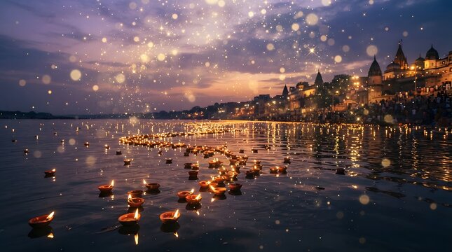Thousands of floating diya lamps on the ganges river during diwali festival