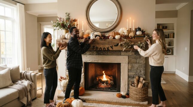 Friends decorating a cozy living room fireplace for Halloween with pumpkins and spooky accents