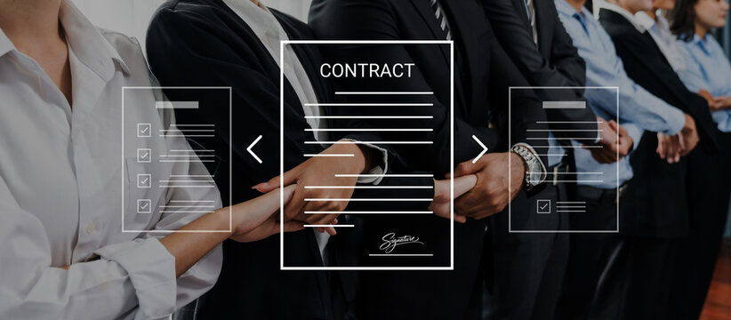 A professional business team stands together, highlighting cooperation and unity while a digital contract graphic emphasizes the importance of agreements in a corporate environment. Cyphers