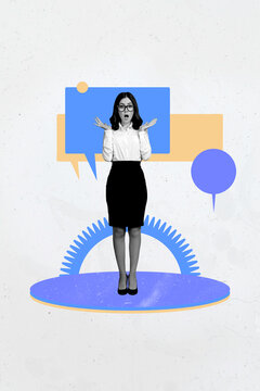 Vertical image poster art collage of happy girl guy stand colorful icon bubble communication chat dialogue speech conversation