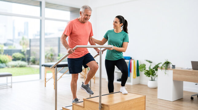 Physiotherapist supervising senior man during balance and walking rehabilitation exercise at clinic