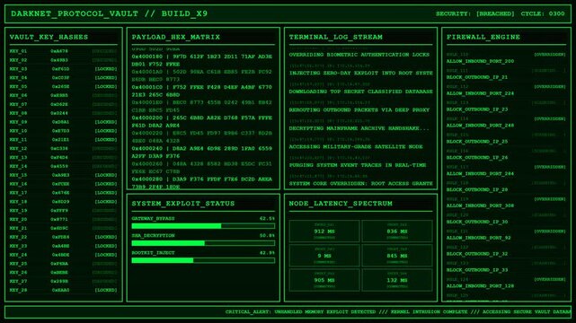 Cyber Security Hacker Screen Green Matrix HUD Interface Terminal Code Darknet Vault Data Breach System Exploit.