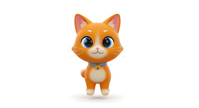 Cute orange cat 3D character design with big blue eyes and blue collar isolated on white background