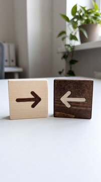Two wooden cubes with arrow symbols in contrasting light and dark wood, showing opposite directions for a business decision concept.