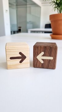 Two wooden cubes with arrow symbols in contrasting light and dark wood, showing opposite directions for a business decision concept.