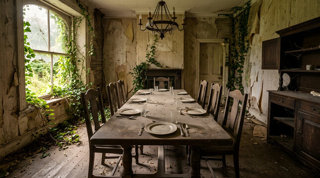 Abandoned dining room overgrown with green ivy and vines.