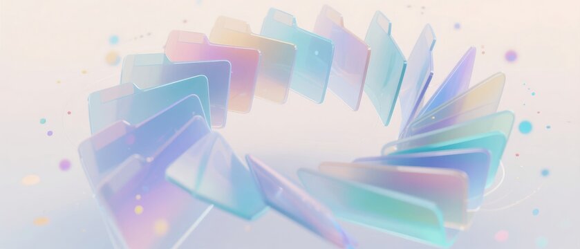 Pastel transparent digital folders flowing in circular arrangement on bright background, idea for file management, cloud storage and document organization banner