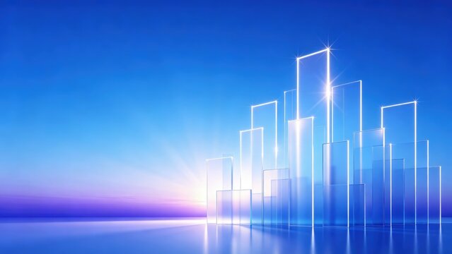Transparent glass bars forming abstract blue city skyline on reflective surface, idea for futuristic technology, data visualization and business growth banner
