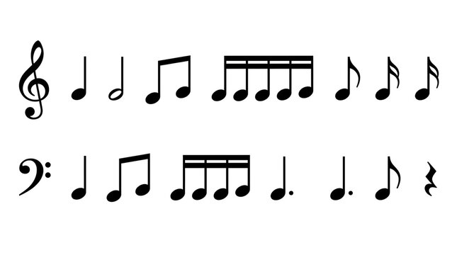 Two lines of music notes on a staff with treble and bass clefs isolated on transparent background