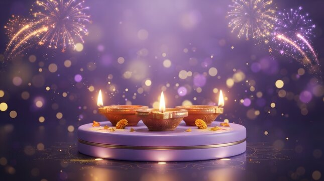 Diwali celebration with glowing clay oil lamps on a purple pedestal with fireworks in the background