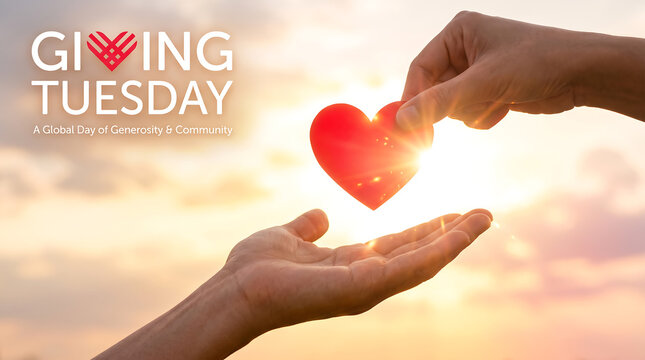 Hands passing red heart symbol against warm golden sunset sky representing global generosity and kindness charity