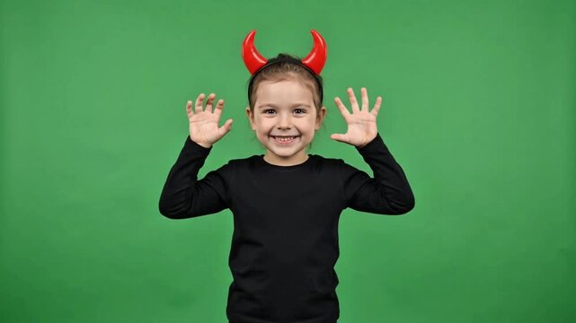 Happy Child in a Devil Costume Posing on Green Screen for Halloween 4K