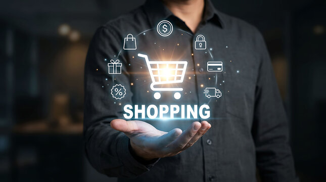 Man holding digital shopping cart icon with e commerce online business concepts