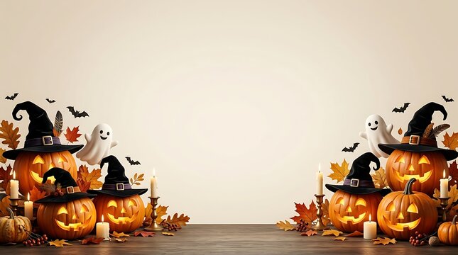 A spooktacular halloween scene two large jack o' lanterns guarding a mysterious path bathed in warm eerie and festive autumnal lighting for a thrilling