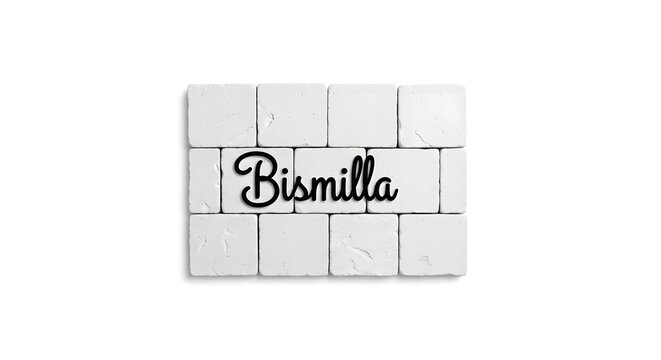 Bismilla lettering on white stone tiles decorative sign islamic concept arabic script wall decor minimalist design isolated on white background