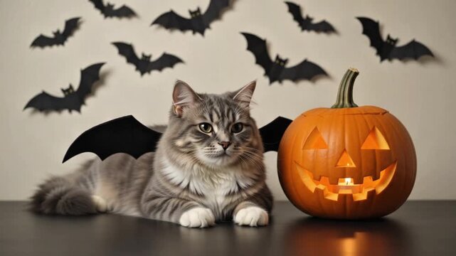Cute Halloween Cat Wearing Witch Hat and Cozy Blanket at Home Scene 4k