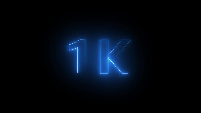 Glowing blue Neon 1K Followers Milestone Celebration Text Animation with Futuristic Light Outline Effect on Dark Background for Social Media Channel Growth, Subscribers, and Video Marketing Overlay