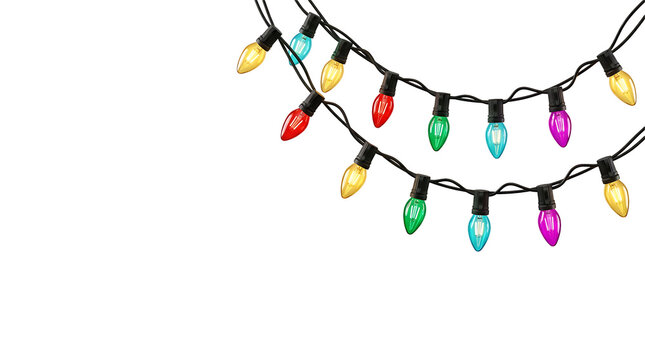 Colorful Christmas lights hanging in a row for holiday decoration isolated on transparent background