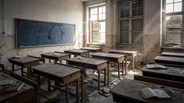 Empty decayed classroom with old wooden desks.