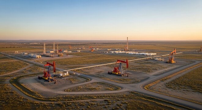 Extensive oil field with numerous pumpjacks and infrastructure under a clear expansive sky