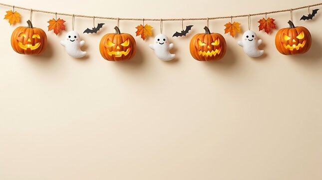 A beautifully arranged halloween scene featuring illuminated jack o' lanterns strung along a line with ghostly figures creating a festive and spooky atmosphere for