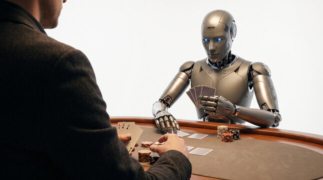Man vs Machine: Human Businessman Playing Poker Against an Advanced AI Robot