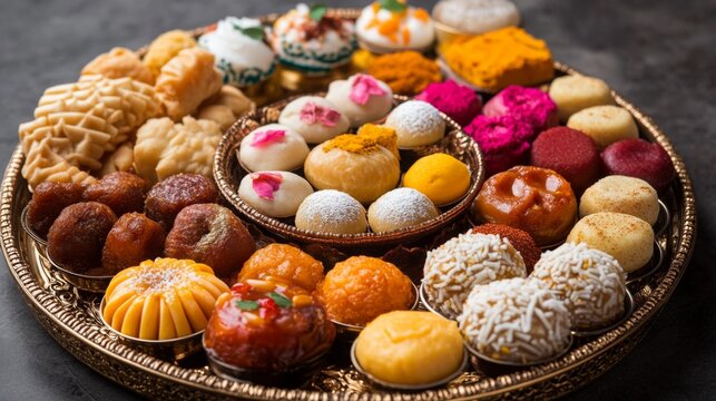 Assorted Traditional Sweets on Decorative Plate with Colorful Varieties and Delicate Presentation for Festive Occasions