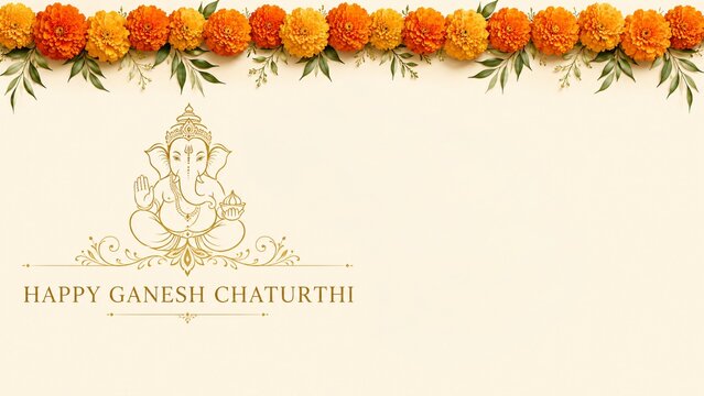 Golden line art Lord Ganesha illustration with marigold flower border and Happy Ganesh Chaturthi greeting on light background with copy space.
