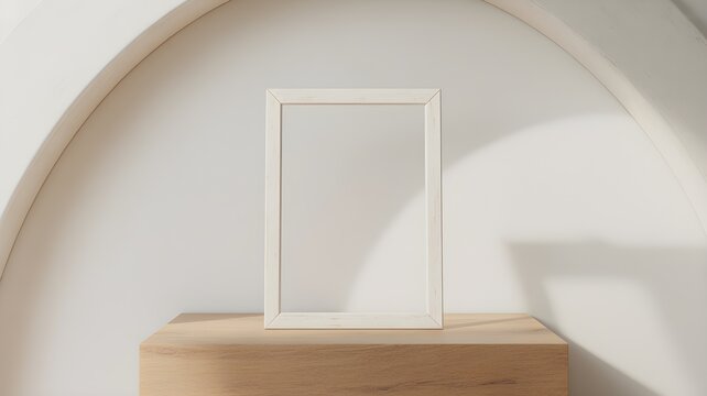 Vertical white wooden picture frame mockup standing on a wooden surface against a white wall with an archway, minimalist interior design