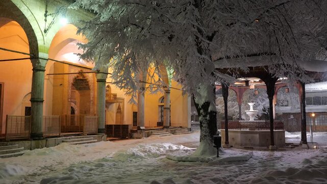 Night View of Gazi Husrev-beg Mosque Exterior During Winter in Sarajevo, Bosnia and Herzegovina