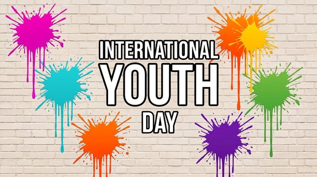 International Youth Day typography on brick wall, colorful paint splatters background, urban street art celebration banner