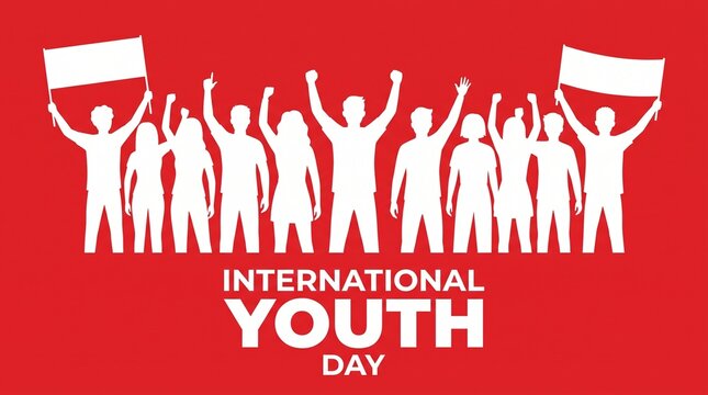 International Youth Day banner with white silhouettes of cheering people. Diverse young crowd on red background. Activism and community celebration concept.