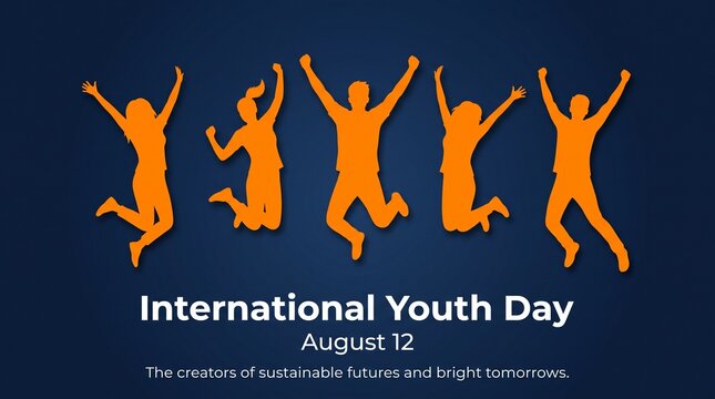 International Youth Day banner with jumping silhouettes, August 12 celebration graphic, orange people on dark blue background