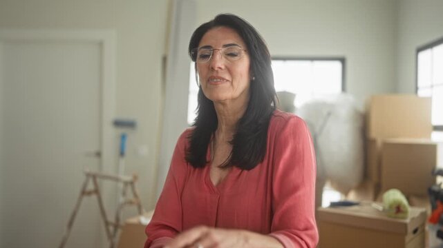 Woman shushes with finger to lips amid packed moving boxes, bubblewrap and cardboard in a building during relocation; quiet caution.