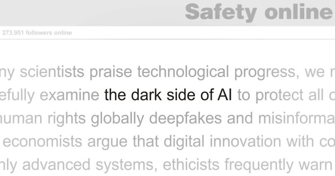 Dark side of AI headline news across international media. Abstract concept of internet news titles on screens loop. Seamless and looped animation.