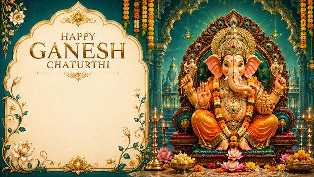 Ornate Lord Ganesha idol on throne with lotus flowers, diyas, modak, and Happy Ganesh Chaturthi greeting in decorative frame on teal background.