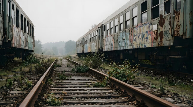 Abandoned train cars with graffiti on rusty tracks in misty morning.