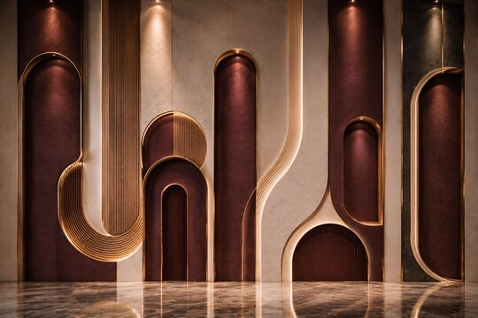 Royal Burgundy and Champagne Gold Luxury 3D Sculptural Wall with Elegant Arches