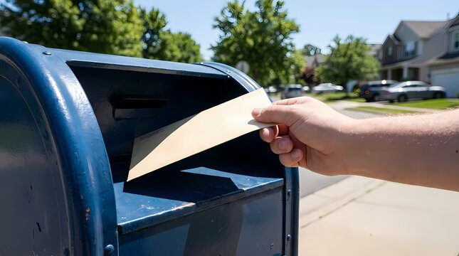 Hand mailing envelope in public blue mailbox