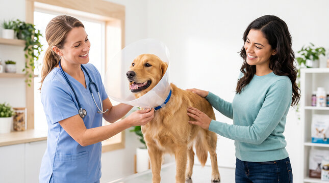 Veterinarian fitting protective cone collar on dog during treatment at animal clinic
