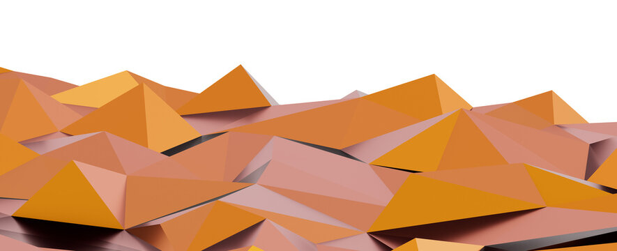 3D render of abstract low poly geometric shapes in warm orange and peach tones on a black background