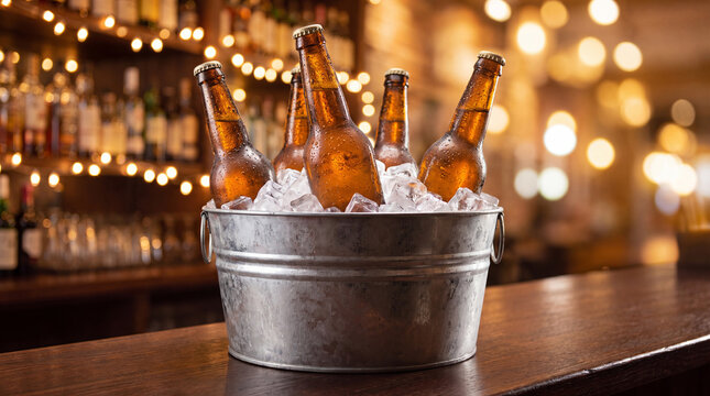 Bottles of beer in a metal bucket filled with ice on a wooden bar counter, illuminated by warm bokeh lights in the background