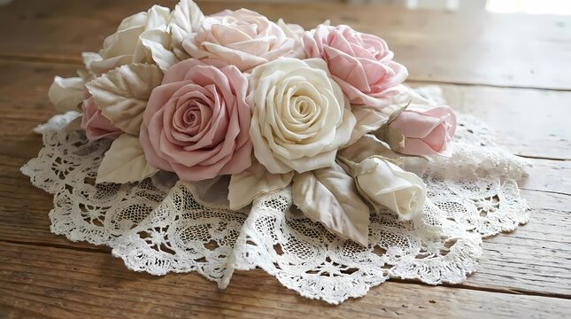 Handmade pink and white sugar roses on lace doily
