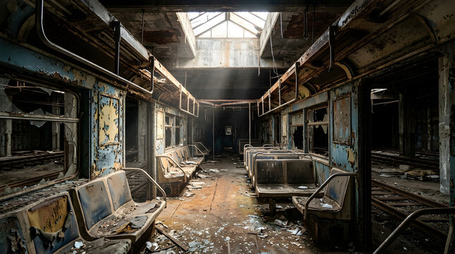 Interior of an abandoned rusted passenger train car.