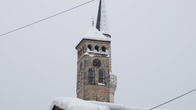 View of the Sarajevo Clock Tower During a Winter Day in Sarajevo, Bosnia and Herzegovina